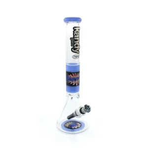Kandy Glass Water Pipe 16" Beaker Base W/Stripe On Neck, Flamed Design On Stripe And Colored Downstem